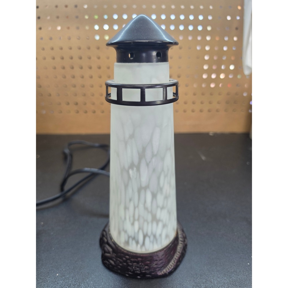 Nautical Lighthouse Accent Lamp Frosted Glass Bronze Base Coastal Decor 9.5in